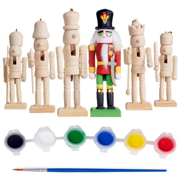 THE TWIDDLERS - 6 Christmas Wooden Nutcracker Set, 13cm / 5" - Paint Your Own Toy Soldier with Stickers and Stick On Beards, Kids DIY Art & Craft Gift Decorations