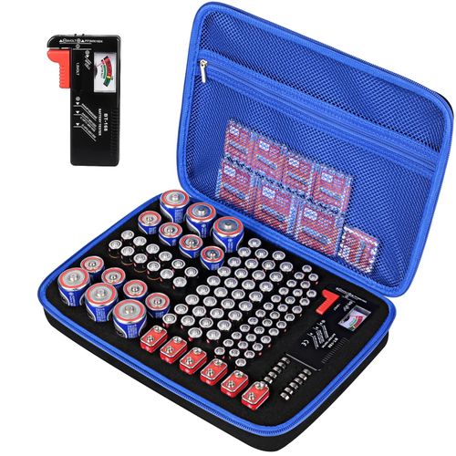 stukcaze Battery Organizer Storage Case with Tester for AA AAA C D 9V Battery Holder 7 Batteries Variety Pack 111 Batteries Mesh Bag (Batteries Not Included) (black-blue)