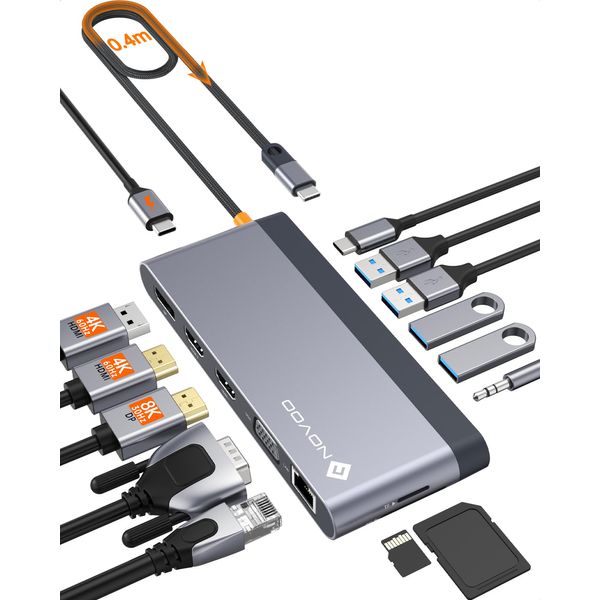 14-in-1 8K@30Hz 4-Screen Mode Dual 4K@60Hz 40cm Extension Cable USB C Docking Station NOVOO USB C HDMI Hub [DP+2 HDMI+VGA+4 USB+USB C 5Gbps+PD 100W Fast Charging+SD+TF+RJ45+3.5mm Audio+Microphone]