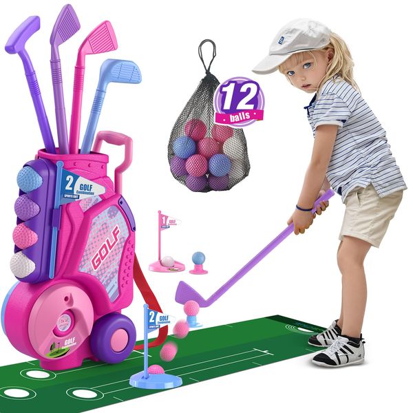 HYES Toddler Golf Set, Upgraded Kids Golf Clubs with 12 Balls, Putting Mat, Shoulder Strap, Indoor Outdoor Sport Toys Gift for Boys Girls Aged 1-5 Years Old, Pink