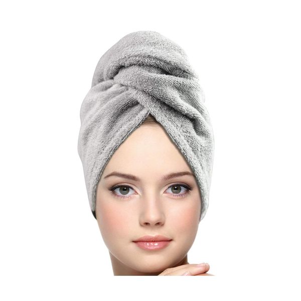 KEEPOZ Hair Towel Wrap Quick Dry 100% Cotton Super Absorbent Turban Head Wrap for Women with Button, Non Microfiber Anti Frizz Hair Products, Hair Cap for Curly, Long & Thick Hair (Grey, 1 Pc)