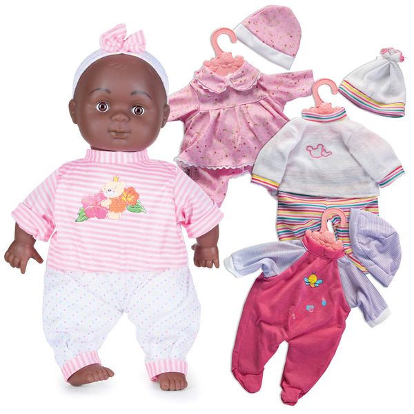 Prextex 12-Piece Black Baby Doll Set - 14-Inch African American Baby Doll Set with Cute Baby Girl Dress and Doll Accessories | Baby Toy, Soft Play Dolls, Best Gift for Baby Girl and Toddler