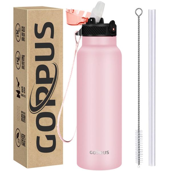 GOPPUS 750ml/24oz Insulated Water Bottles with Straw 0.75 Litre Metal Bottles Steel Thermal Flask Stainless Steel Gym Bottle Double Walled Drinks Bottle Leakproof Hot/Cold Water Flask BPA Free