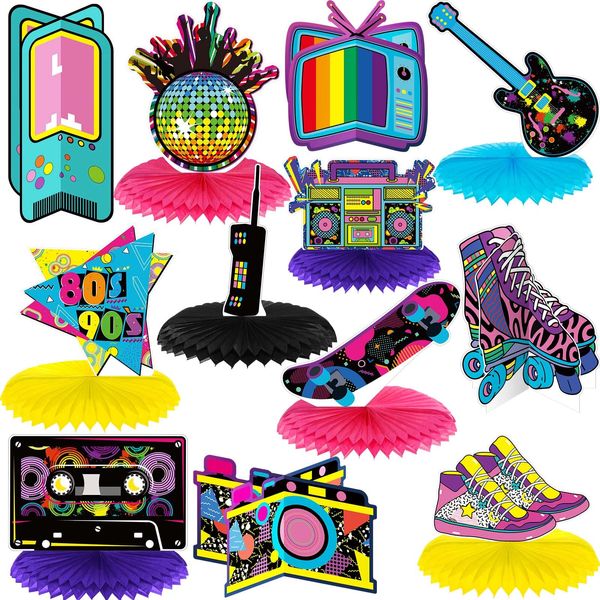 80s 90s Party Decorations 12 Pieces 80's 90's Honeycomb Centerpieces 80s / 90s Table Toppers Retro Party Decorations for 1980s / 1990s Hip Hop Birthday Party Favors Supplies