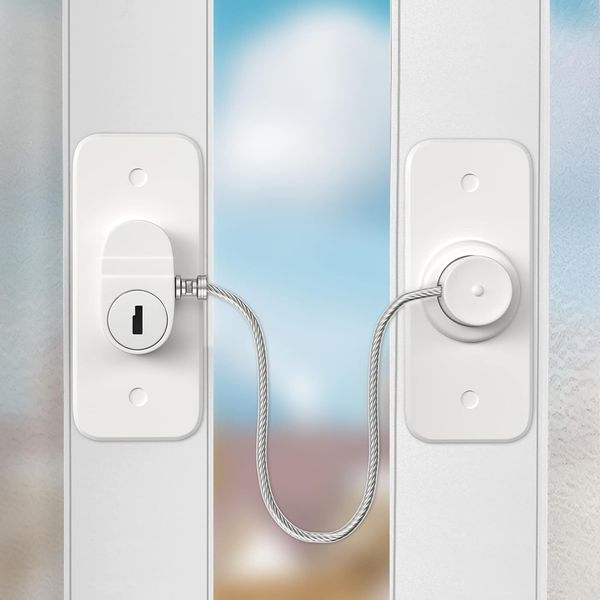 Window Safety Lock AOSITE 2 Packs Versatile Window Restrictor Self Adhesive for UPVC No Drilling Window Locks, Refrigerator Lock with Key Child Pet Child Safety Cable Lock for Childproof