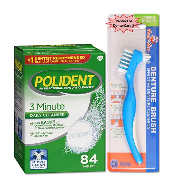 Dentu-Care & Polident 84 Tablets bundle with Dentu-Care Denture Brush for Maintaining Good Oral Care for Full Partial Dentures