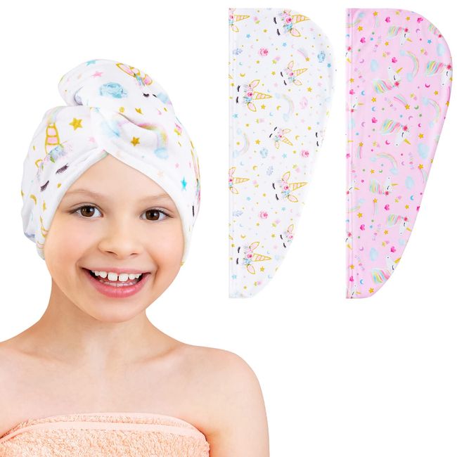 2 Pack Kids Microfiber Hair Drying Towel Girls Hair Drying Wrap Rapid Drying Hair Towel Wrap Unicorn Hair Drying Towel with Button for Women Girls Hair Turban for Wet Hair Wraps