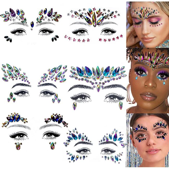 Cezmkio 6 Sets Glitter Stones Face Tattoo Mermaid Rhinestones Self-Adhesive Halloween Face Tattoo Rhinestones Glow in the Dark Festival Gemstones Stones for Scary Party Carnival