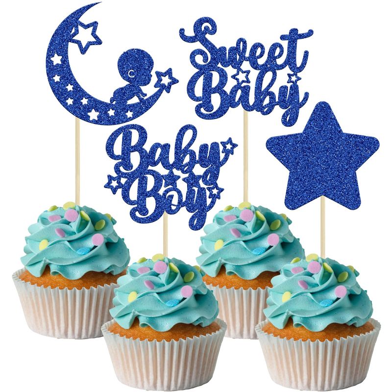 Gyufise 24Pcs Baby Shower Boy Cupcake Toppers with Glitter Star Moon ...