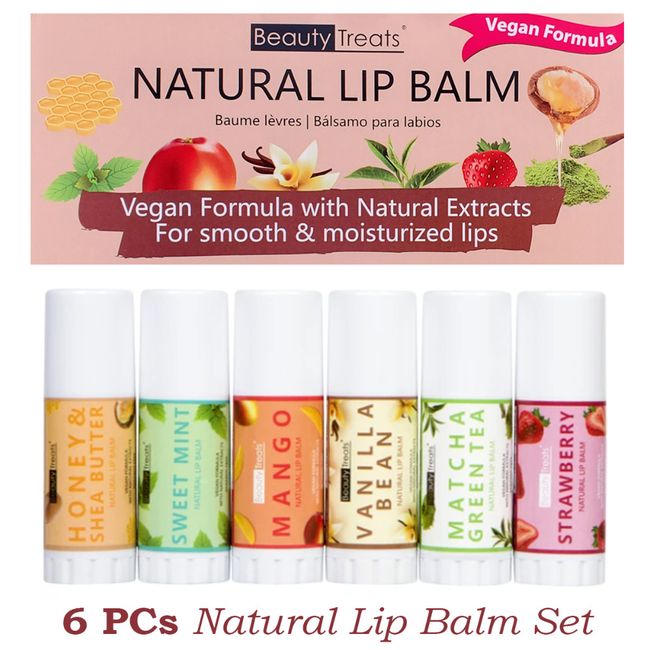 Beauty Treats Natural Lip Balm Set - Vegan Formula, Natural Extracts, Smooth Lip