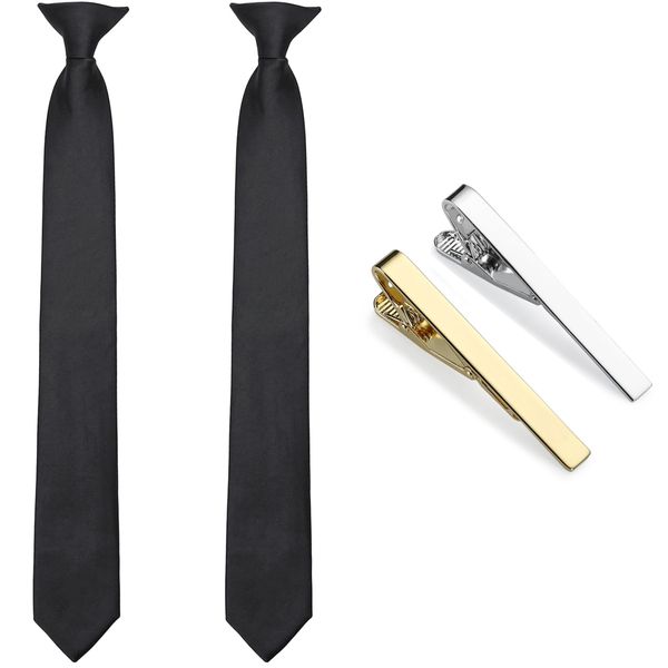 DEYACE Clip on Ties for Men, 2 pcs Pre Tied Neckties and Tie Clips Set, Black Red Solid Color Mens Tie for Wedding Graduation Office School(BLACK+BLACK)