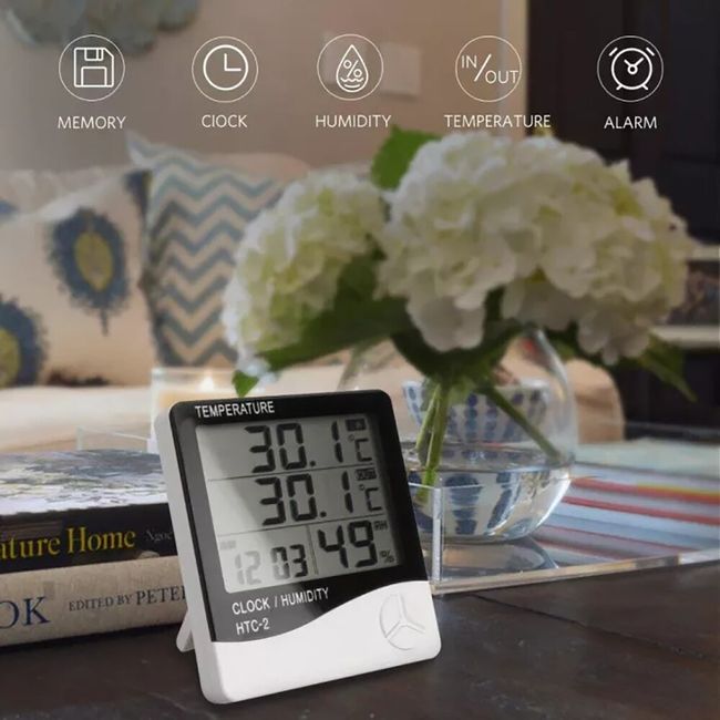 HTC-1 Digital LCD Hygrometer Thermometer Indoor Room Desktop Wall Mounted Temperature  Humidity Meter Gauge with Alarm Clock - AliExpress