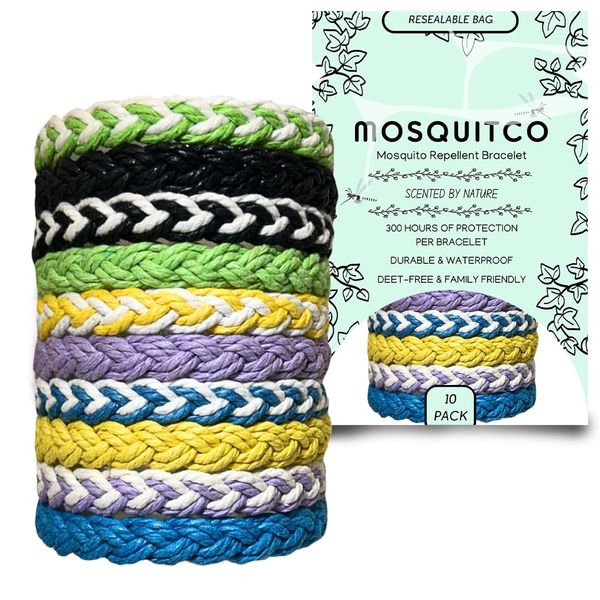 MosquitCo Mosquito Repellent Bracelet 10 Pack, Adjustable Cotton Deet-Free Natural Insect Mosquito Bands for Adults & Kids, 300 Hour Insect Repellent Protection