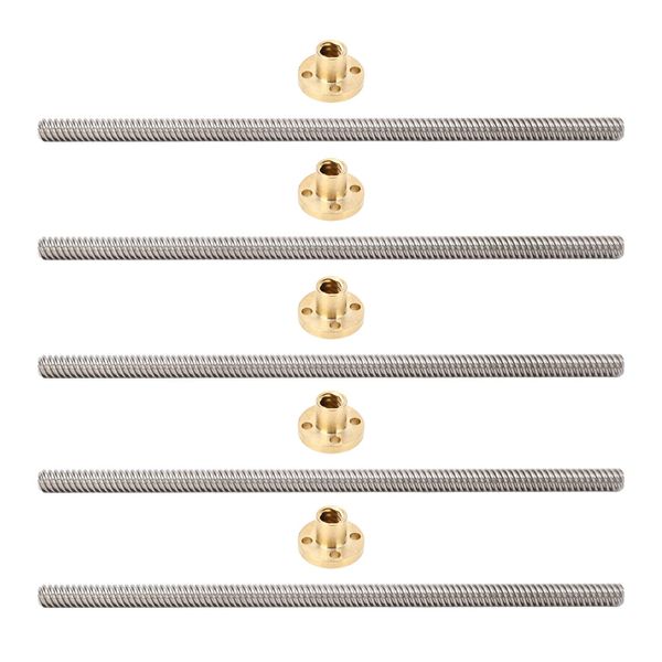 5 Pcs Linear Motion Screw Rod T8 Lead Screw 2mm Pitch 8mm Lead 200mm Linear Motion Thread Rod with Brass Nut for 3D Printer