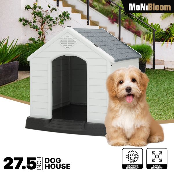 27" Plastic Dog House Pet Shelter Sturdy Weatherproof w/Elevated Base+Air Vents