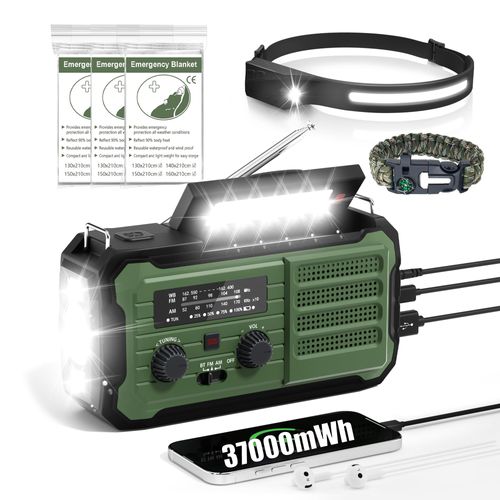 Emergency Radio Hand Crank Solar, 10000mAh/37000mWh Emergency Weather Radio, Hand Crank Solar Radios with NOAA/AM/FM, Rechargeable Headlamp, Thermal Blanket, Survival Bracelet, for Home & Outdoor