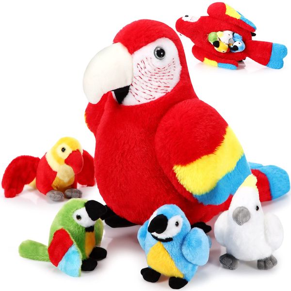 Meooeck 5 Pcs Macaw Parrot Plush Set 13 Inch Mommy Parrot Stuffed Animal with 4 Cute Plush Baby Parrot in Her Belly Soft Cuddly Bird Plushie for Toddlers Boys Girls Birthday Party Favor (Green Series)