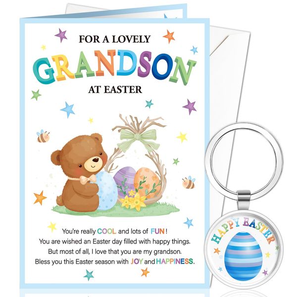 DPKOW Happy Easter Card for Grandson, Easter Egg Gifts, Keyring, Greeting Card with Envelope