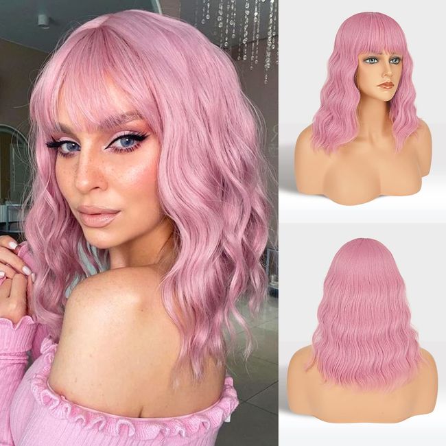 FESHFEN Wellig Rosa Perücken mit Pony Bob Gewellte Perücken Damen Synthetik Perücke Mittellang mit Pony Kurze Haar Perücke Frauen 35cm