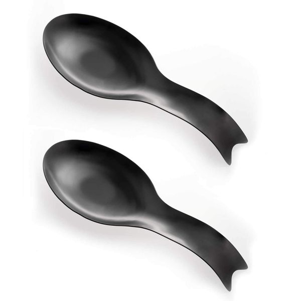 Pretty Jolly Fish Shape Stainless Steel Spoon Rest for Stove Top Metal Spoon Holder for Kitchen Counter Cooking Utensil Rest Rust Resistant Dishwasher Safe 10.6 x 3.8 Inch(Black 2PCS)