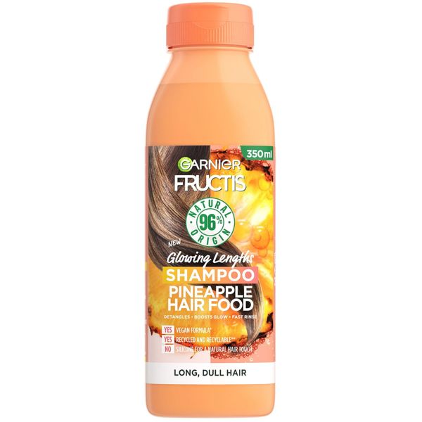 Garnier Fructis Hair Food Pineapple Shampoo, Glowing Lengths, Vegan Formula, Recycled and Recyclable, 98% NATURAL, For Long Dull Hair, NO SILICONE, 350 ML