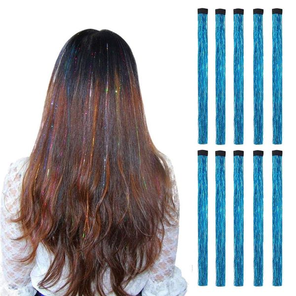 LiaSun 10Pcs/set Highlight Glitter Tinsel Hair Extensions Clip In - Colored Party Sparkling & Shiny Hair Extensions - Multi-Colors Hair Streak Bling Hairpieces (Sky Blue)