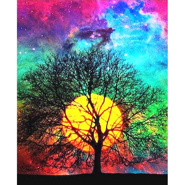 Abillyn Embroidery Cross Stitch Kits Tree of Life and Moon Colorful Sky Stamped with Printed Pattern Starter Kit (Tree)