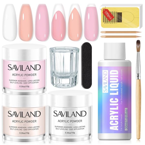 Saviland Acrylic Nail Kit - Set of 3 Colors Acrylic Powder and Acrylic Liquid, Acrylic Nail Brush Cuticle Oil for Acrylic Applications, Professional Acrylic Set, All for DIY Acrylic Nails