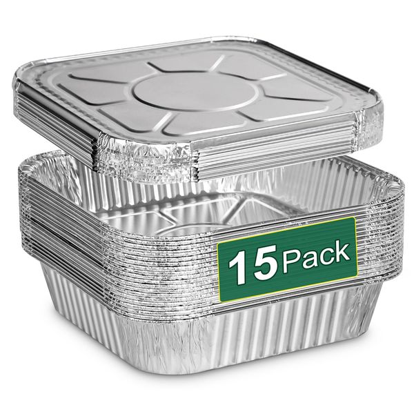 8x8 Aluminum Foil Pans with Lids - 15 Pack Square Disposable Aluminum Baking with Covers - Disposable Baking Pans for Air Fryer, Oven, Cooking