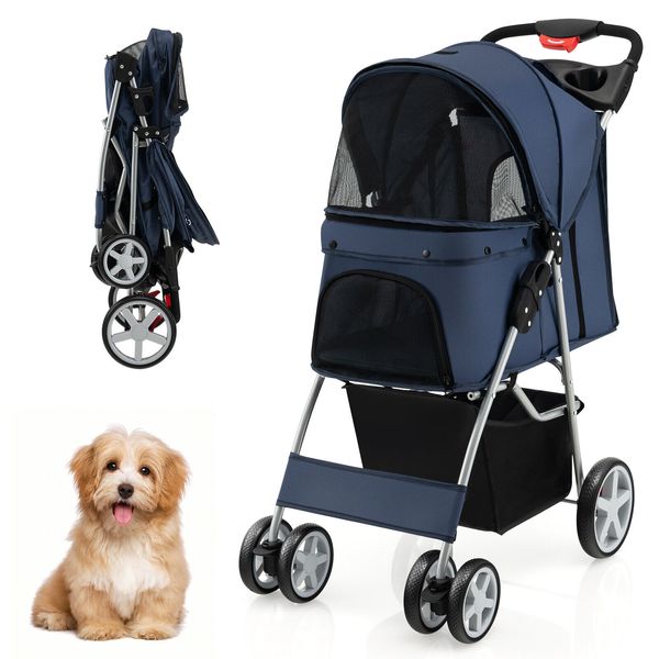 Costway Folding Pet Stroller 4-Wheel Pet Travel Carrier w/Storage Basket Navy