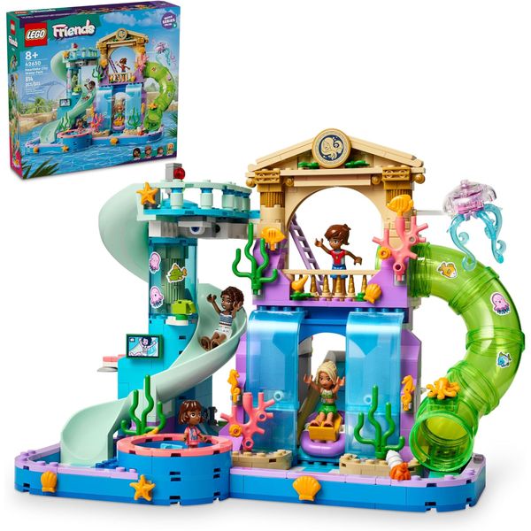 LEGO Friends Heartlake City Water Park kids&#39; summer toy building set, creative play for girls and boys ages 8+, includes 3 mini dolls, 1 micro doll, 3 water slides and a whirlpool