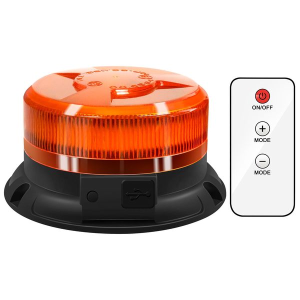 AnTom rundumleuchte akku Mit Fernsteuerung 9 Blitzmuster 12V 24V Gelb Warnleuchte led magnet mit Kfz-Ladekabel und USB-Kabel für Auto LKW Traktor Golfwagen SUV