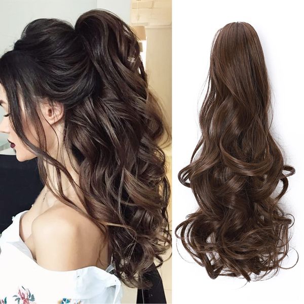 Long Short Claw Ponytail Hair Extension One Piece Cute Clip in on Ponytail Jaw/Claw Synthetic Straight Curly Hairpieces 18" Curly Black mix Light Auburn