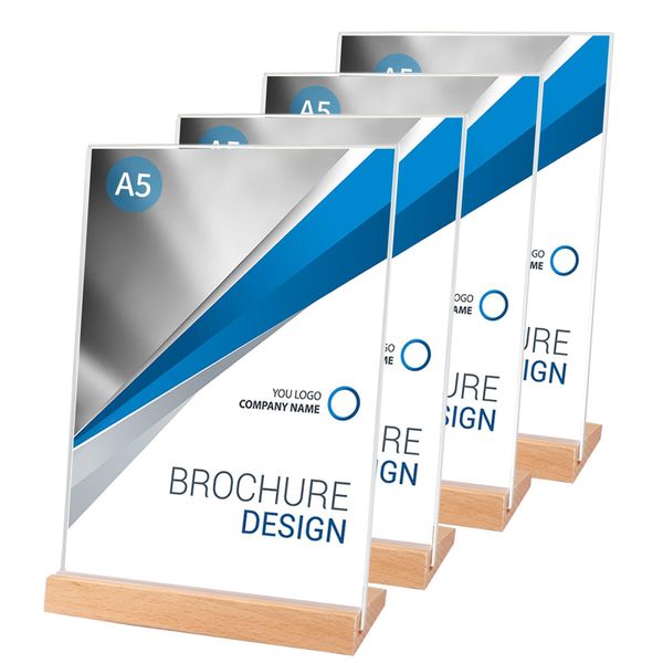 SWAWIS 4 Stück Tischaufsteller A5 Aufsteller Tischaufsteller Schräg L Aufsteller Acryl Werbeaufsteller A5 L-Ständer Tischaufsteller Holzsockel für Hochzeitsparty, Hotel, Cafés, Restaurants