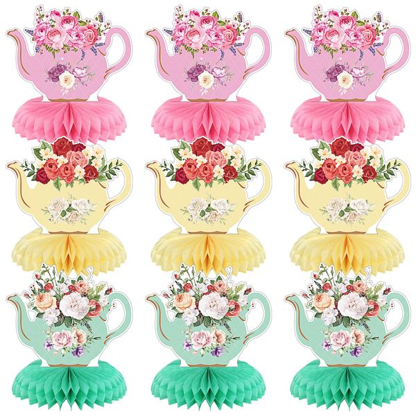 Jexine 9 Pcs Tea Party Centerpieces for Tables Princess Party Floral Teapot Honeycomb Decorations Tea Party Table Decor Teapot Decors for Summer Birthday Baby Shower Wedding Supplies (Classic Style)