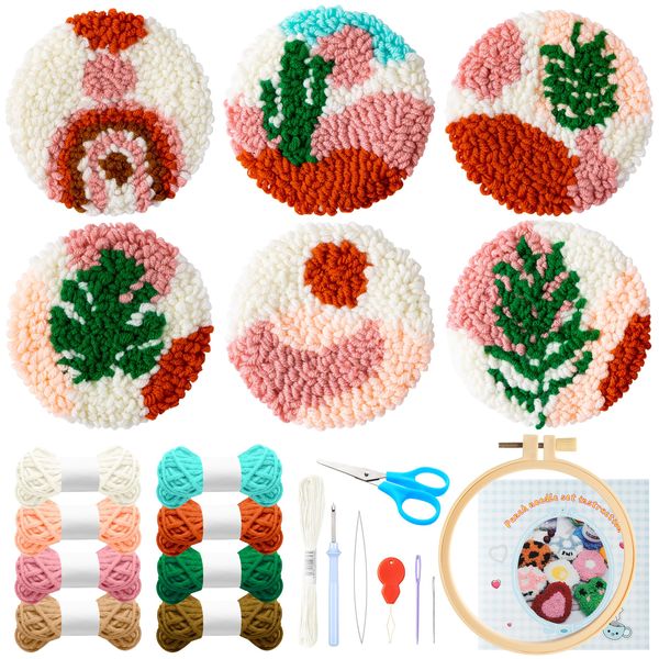 WATINC 22Pcs Craft Punch Needle Coaster Kit, Easy Art Work Decor Coasters Kits for Beginners, 6 Pattern Tufted Rug Pads with Adhesive Felt Yarns Embroidery Hoop Instruction, DIY Needle Punch Craft