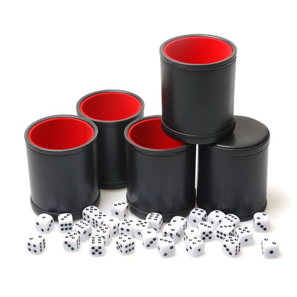 RERIVER 5 Pack PU Leather Dice Cup Set with 6 Dot Dices Felt Lined Quiet Shaker for Yahtzee Bar Party Family Dice Games,Red/Black