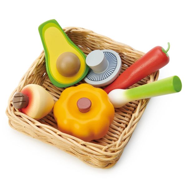 Tender Leaf Toys - Veggie Basket - 6 Pcs Wooden Vegetables with Hand-Crafted Wicker Basket, Pretend Food Playset Supermarket Shopping Game Play Kitchen Farmer's Market Accessories - Age 3+