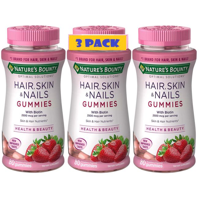 3 Pack Hair Skin Nails 240 Gummies (3x80) 2500 mcg Biotin with Vitamin C, E 2025