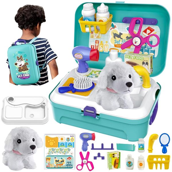 HERSITY Vet Toy Pet Care Kit Role Play Set Grooming Feeding Dog Games Backpack Toys for Kids 3 4 5 Years Old Girls Boys