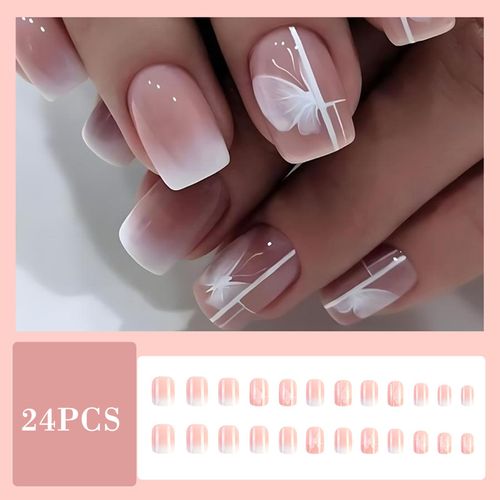 24 Pcs Square False Nails, White Gradient Butterfly Stick on Nails, Press on Nails Removable Glue-on Nails Acrylic Full Cover Fake Nails Women Girls Nail Art Accessories