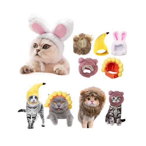 5 Pcs Cat Costume Hats – Cute Lion Mane & Bunny Ears Costume Headwear for Cats,Kitten Puppy Party Easter Costume Accessory Headwear(Lion, Bunny, Banana,Sunflower,Purple Bear)