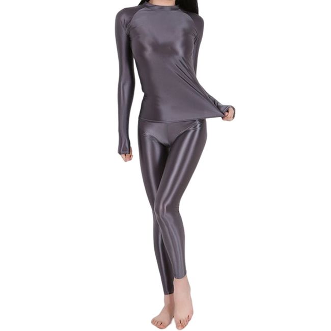 Eiza e675 Full Body Glossy Cosplay Leggings, Separate Costume, Slippery, Stretchy, Sexy Tights (XL, Gray)