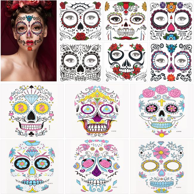 Halloween Fluoreszenz Tattoos Gesicht Set, 12 Blätter Tag der Tote Tattoos mit 1 Glitzersteine Aufkleber Gesichtstattoo für Festival Halloween Cosplay