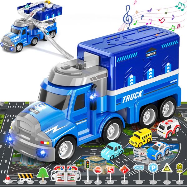 Truck Toys for Toddlers, Race Tracks for Kids Ages 3-5, Truck Transport Car and 4 Race Cars-Truck Car Toddlers Toys Gifts for Age 3 4 5 6 7 8+ Years Old Boys Girls