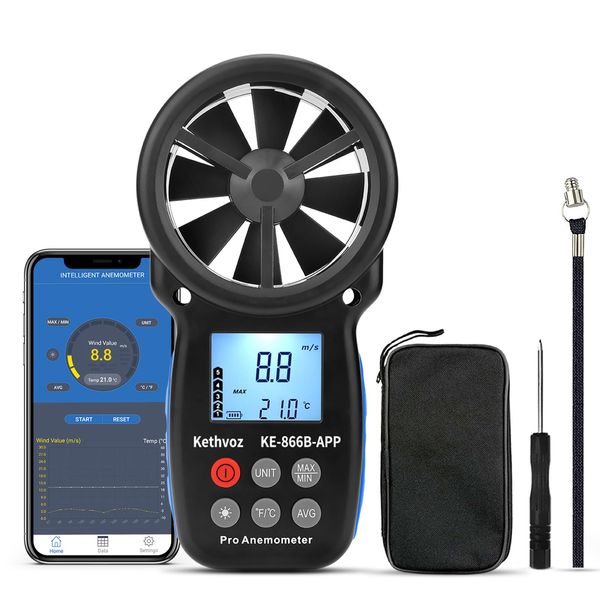 Kethvoz Digital Bluetooth Anemometer Handheld, Wireless Anemometer Wind Speed Meter Measuring Wind Speed/Temperature with Backlit and Max/Min/AVG for Climbing, Cycling,Shooting, Sailing, Flying