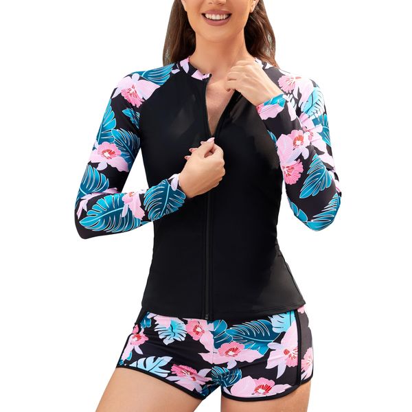 SHEKINI Damen Rash Guard Sets Reißverschluss Langarm Badeanzug Top Swim Shirt Board Shorts Badeanzüge Bademode