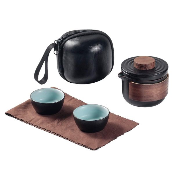 Mini Travel Ceramic Tea Pot Set Chinese Kung Fu Teapot, 1 Pot 2 Cups Porcelain Teacups with Tea Infuser Portable Bag for Outdoor Picnic (Black)