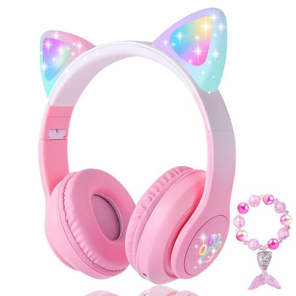 KORABA Cat Ear Kids Headphones Bluetooth, LED Light up Wireless/Wired Mode Over Ear Headphones with Build in Microphone for School/Travel (Pink)