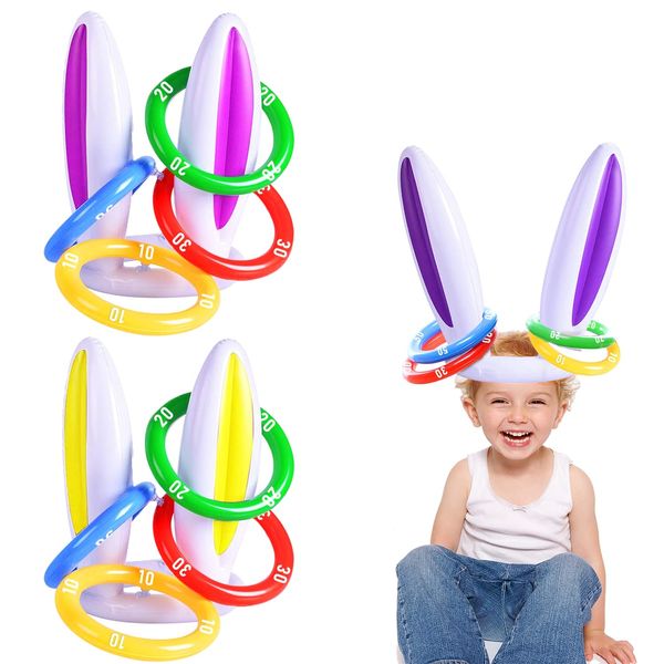 [ Score Ring ] 3 Pack Easter Inflatable Bunny Ring Toss Game Easter Rabbit Ears Ring Toss Party Games Inflatable Toys Gift for Kid Family School Party Favor Indoor Outdoor Toss Game (3 Set & 12 Rings)